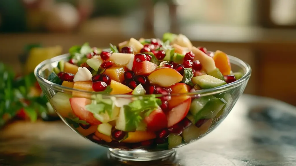 Fruit salad with pomegranate, orange, kiwi, and mint.