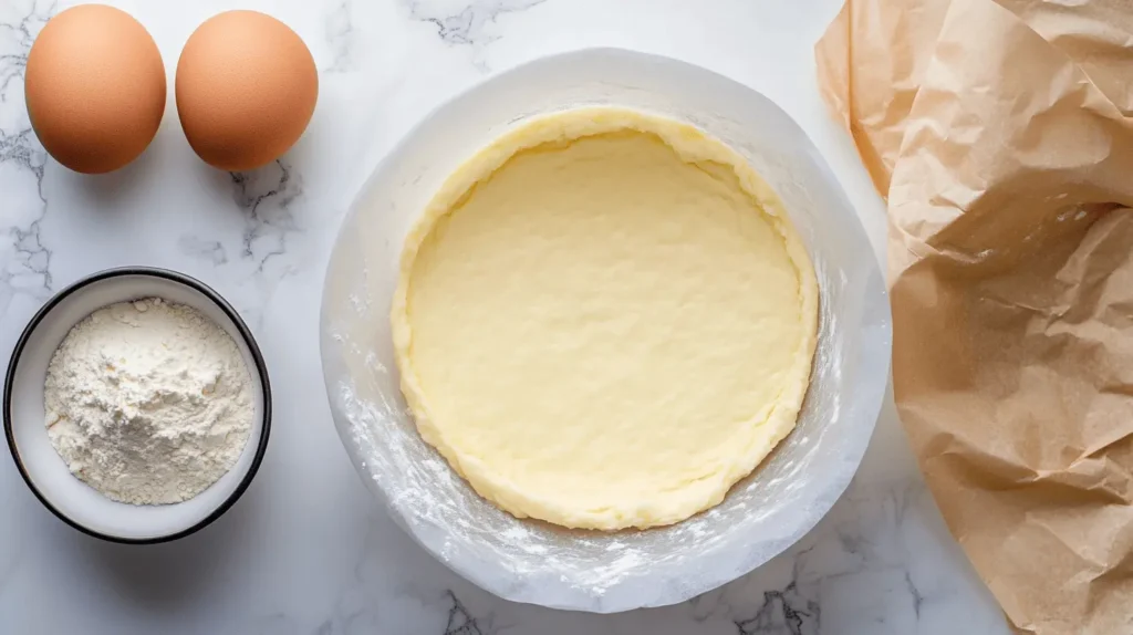 Brioche dough in a bowl with flour and eggs on a marble countertop.