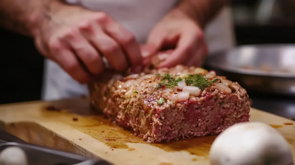Chef shaping a meatloaf by hand, seasoned with fresh herbs and onions on a wooden cutting board.