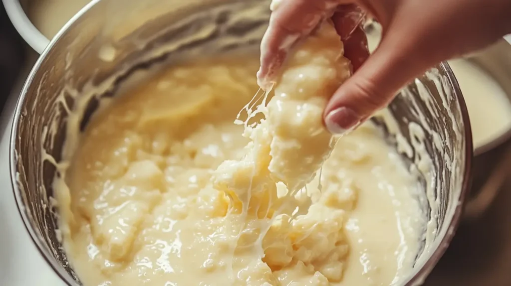 Hand stirring creamy rice pudding mixture in a pot 