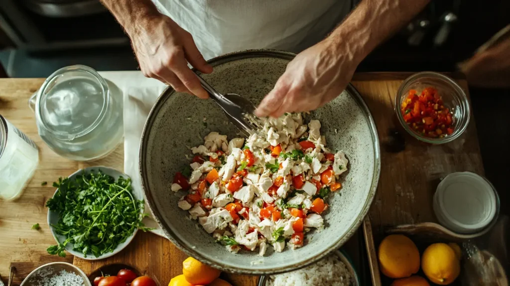 A person mixing chicken salad with fresh ingredients like diced chicken, tomatoes, parsley, and herbs in a large bowl.