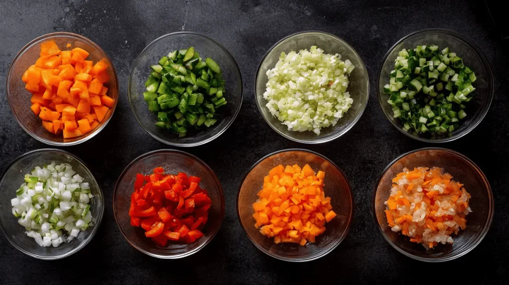 Prepping vegetables for fritters: chopped carrots, peppers, onions, and cucumbers in small glass bowls.
