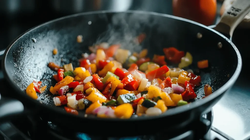  Sautéed vegetables, including bell peppers and onions, sizzling in a hot frying pan.