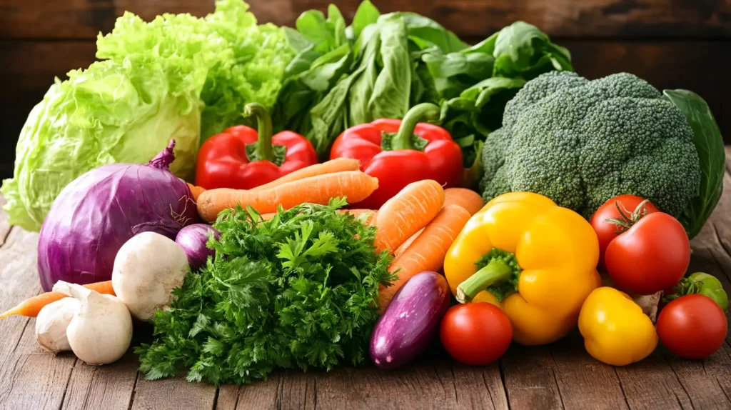 A colorful assortment of fresh vegetables including lettuce, red peppers, carrots, broccoli, and tomatoes on a rustic wooden table