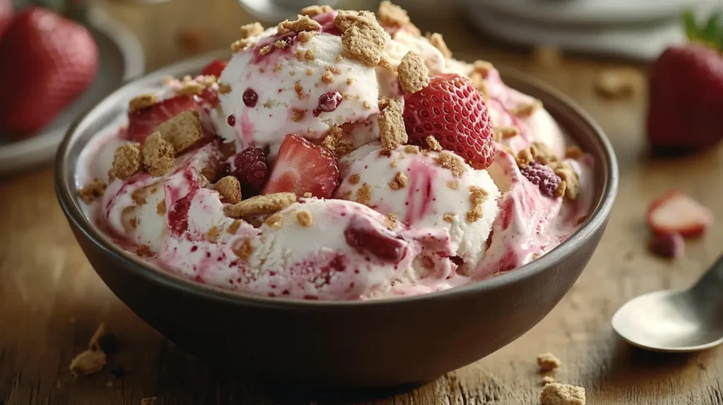 Bowl of strawberry cheesecake ice cream with graham cracker crumbs and fresh strawberries.