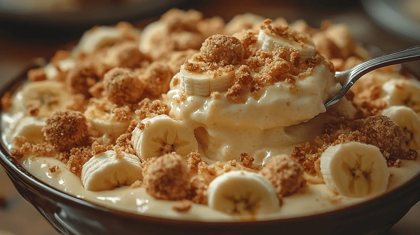 A spoonful of creamy banana pudding trifle showing its rich texture.