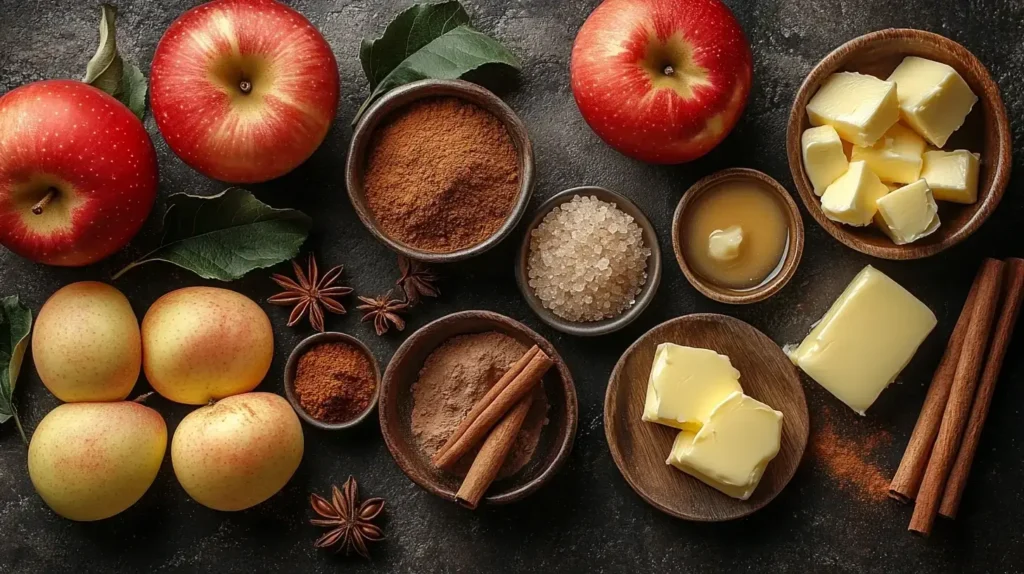 A flat-lay of fresh apples, cinnamon sticks, brown sugar, butter, and spices arranged on a dark rustic surface.