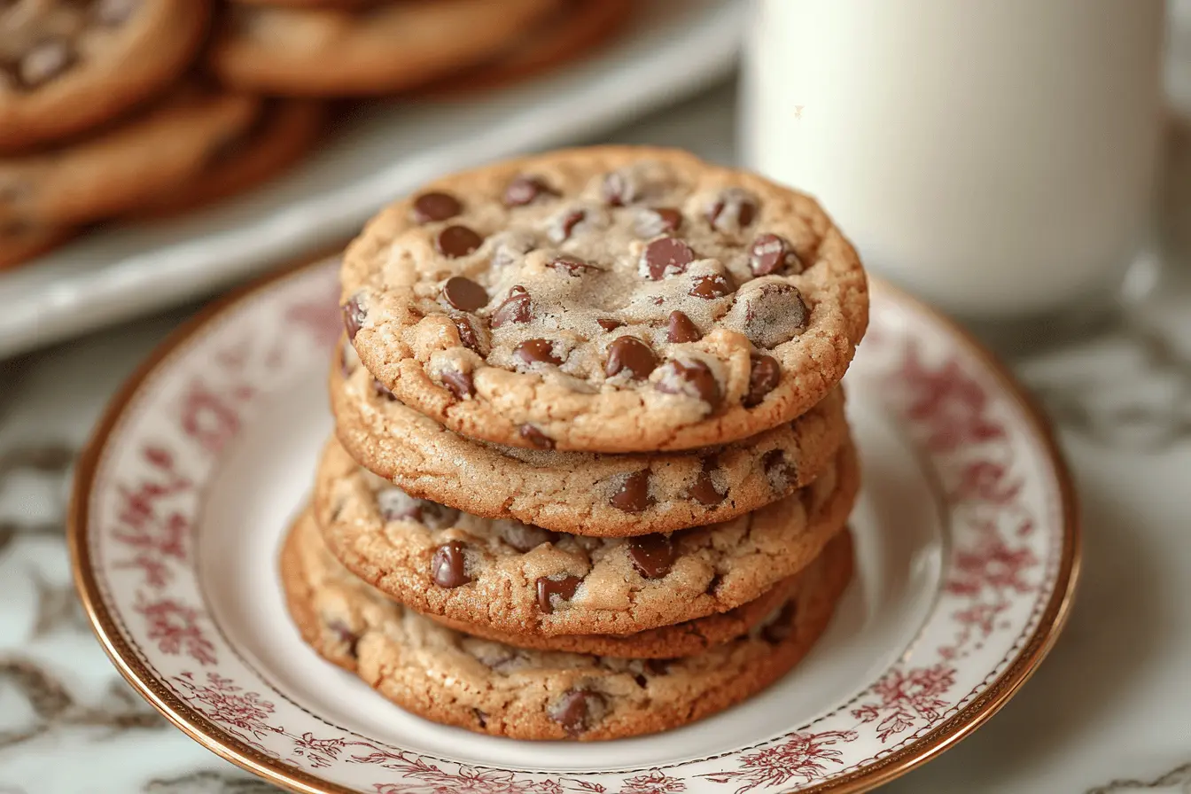 A stack of freshly baked mini chocolate chip cookies on a vintage plate, with a glass of milk in the background.