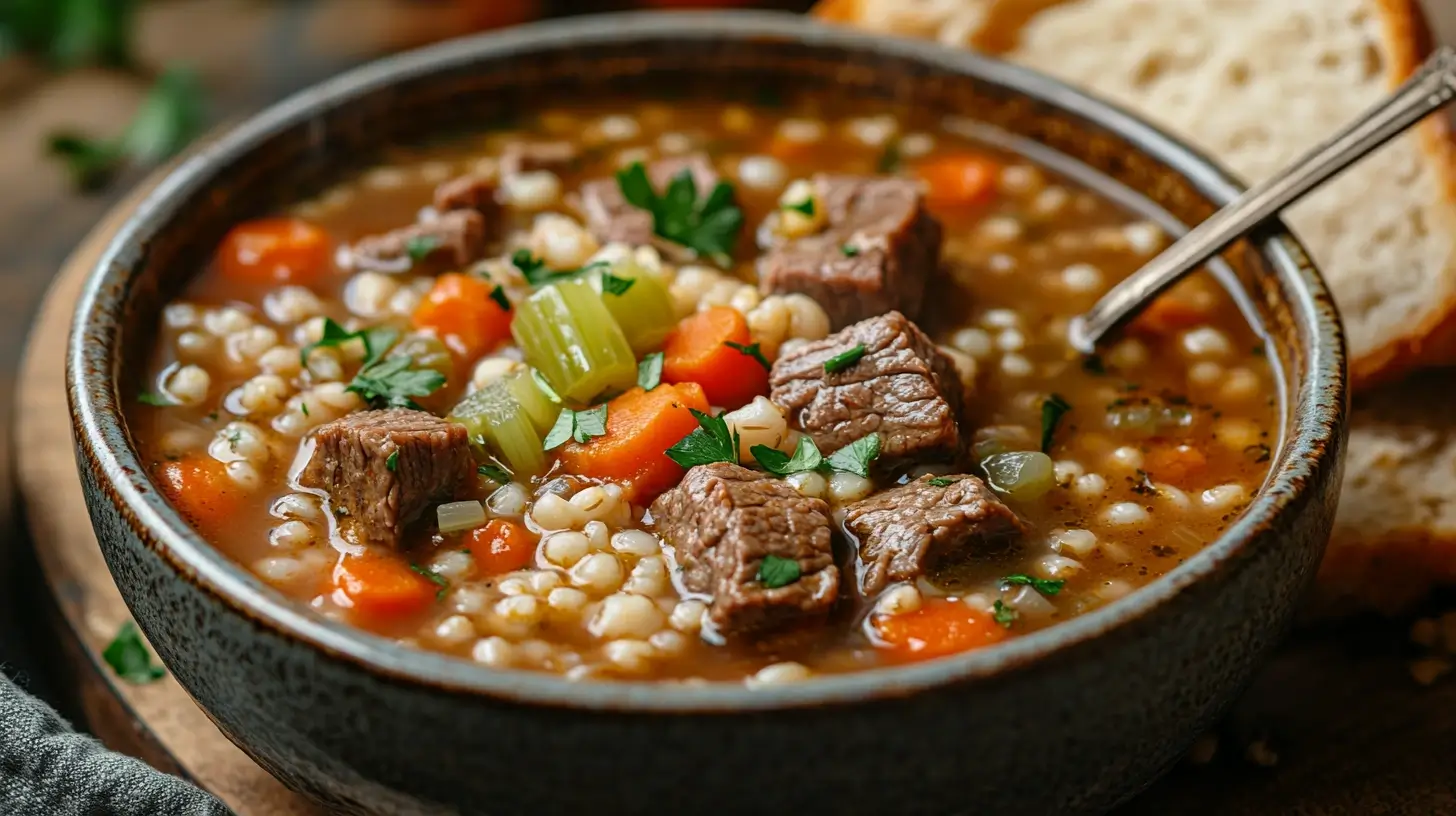 A bowl of homemade beef and barley soup with tender beef chunks, carrots, celery, and pearl barley, garnished with fresh parsley, served with crusty bread.