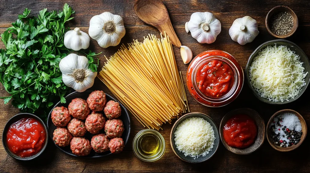 A top-down view of fresh ingredients for Instant Pot Spaghetti and Meatballs, including spaghetti, meatballs, marinara sauce, garlic, parsley, and Parmesan.