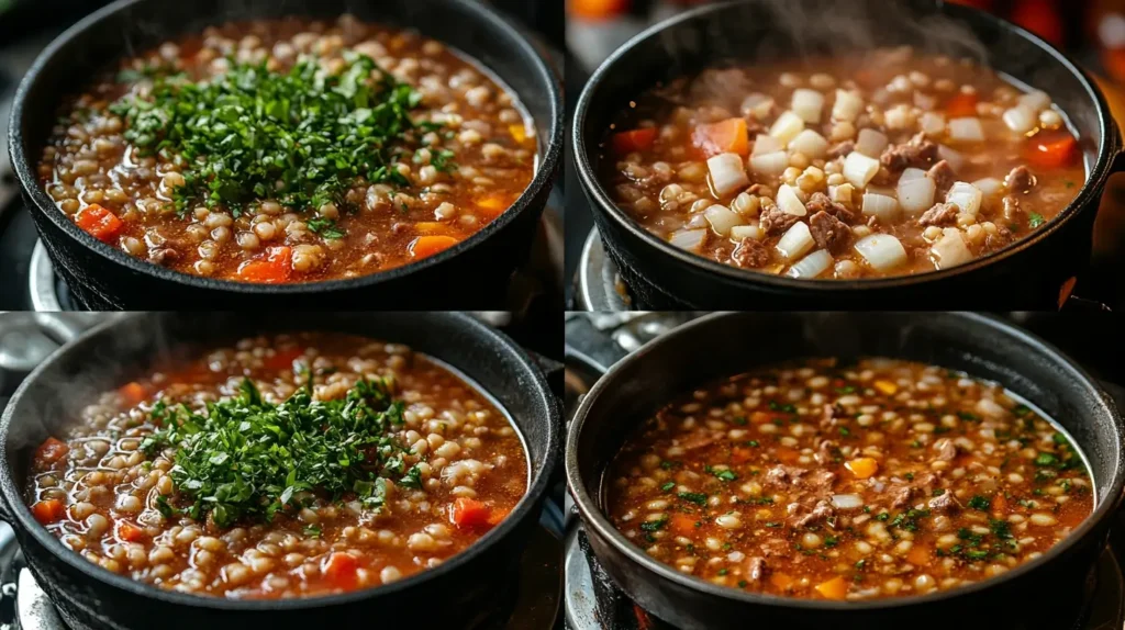 A visually engaging collage of four images showing the step-by-step process of making Beef and Barley Soup