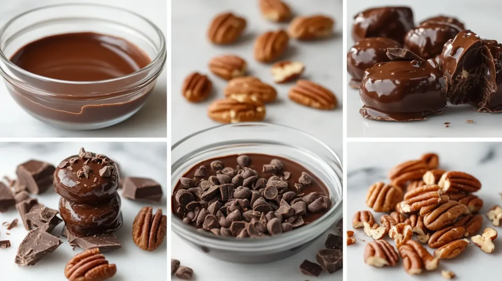 Collage of chocolate turtle ingredients, including pecans, chocolate chips, melted chocolate, and fully assembled chocolate turtles.