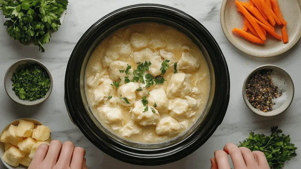 A step-by-step view of making CrockPot Chicken and Dumplings, showing a slow cooker with chicken, vegetables, and broth being prepared, followed by adding dumplings on top.
