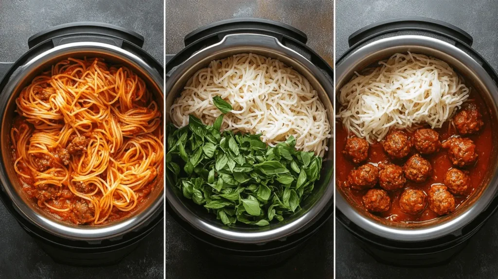 Layered ingredients inside an Instant Pot before cooking spaghetti and meatballs