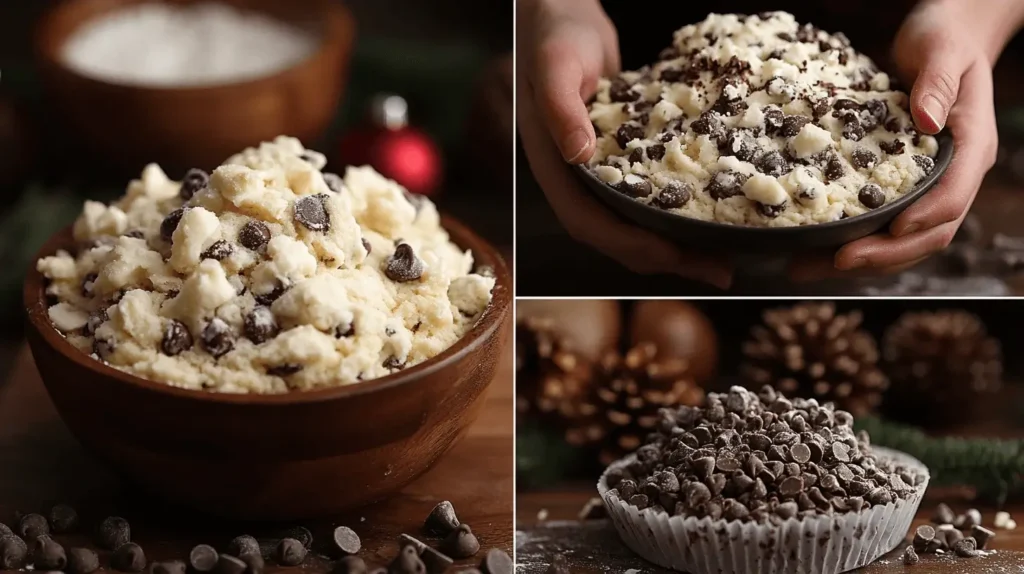 A collage of three close-up images showcasing a festive chocolate chip cookie dough mixture. The main image features a wooden bowl filled with crumbly dough and chocolate chips, set against a warm, rustic background. The top-right image shows hands holding a black bowl of the same cookie dough. The bottom-right image highlights a cupcake liner filled with chocolate chips, dusted with powdered sugar, with pinecones and holiday decorations in the background.