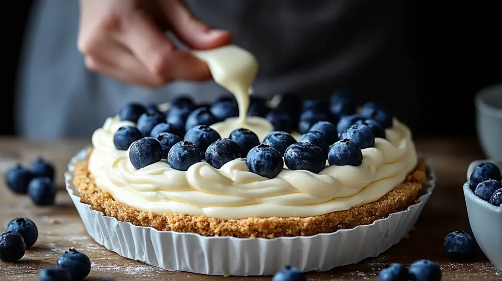  A no-bake lemon blueberry mousse cheesecake being prepared, with creamy mousse piped over a graham cracker crust and topped with fresh blueberries.