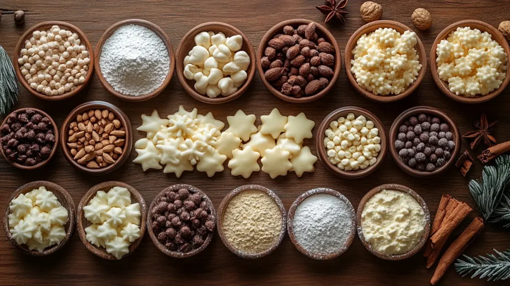 A top-down view of an assortment of holiday sweets and baking ingredients arranged in rustic wooden bowls on a dark wooden surface. The selection includes white and dark chocolate-coated nuts, powdered sugar, almond slivers, cocoa-dusted nuts, white chocolate stars, and crunchy toppings. Cinnamon sticks, star anise, and evergreen branches are placed around the bowls, adding a festive
