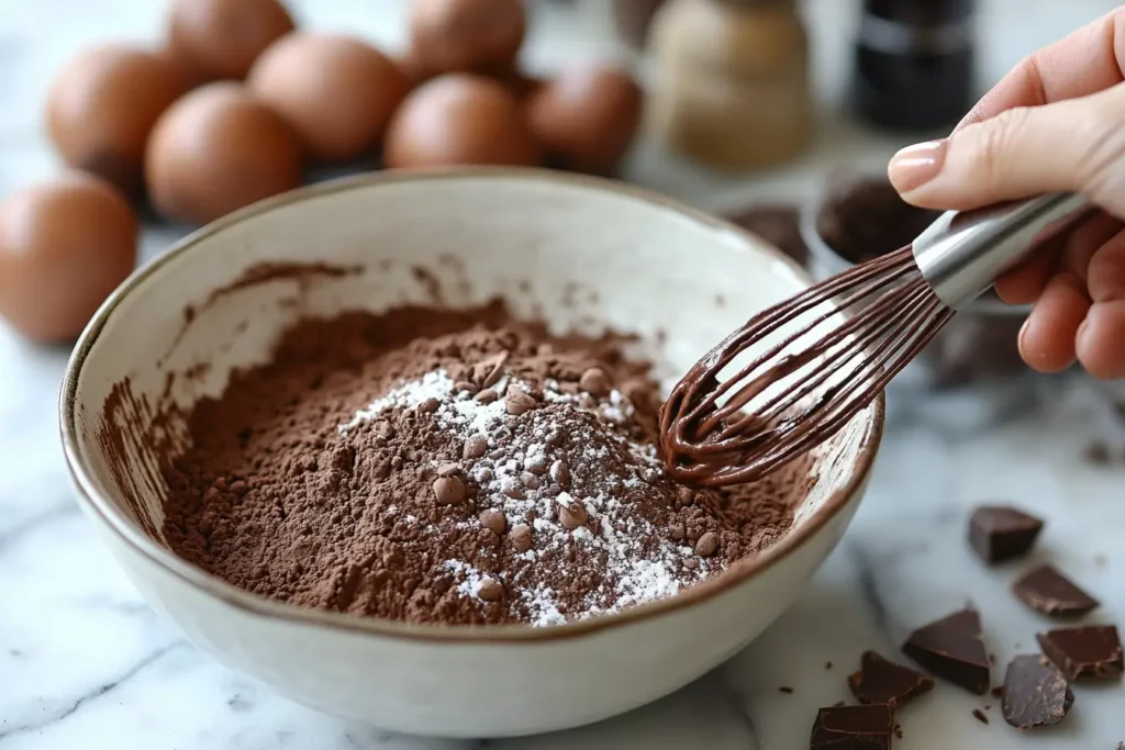 In a medium bowl, whisk together flour, cocoa powder, baking powder, baking soda, and salt. Set aside.