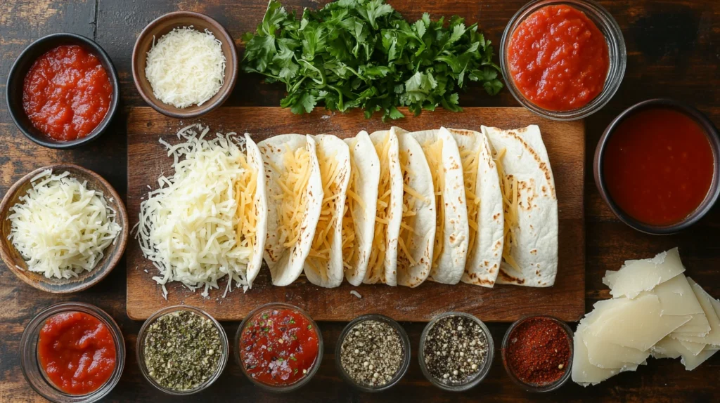 Grilled cheese burrito ingredients, including tortillas, shredded cheese, fresh cilantro, spices, and salsa, neatly arranged on a wooden table.
