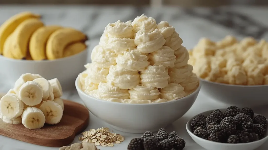 Fresh banana pudding ingredients, including whipped cream, sliced bananas, and blackberries, displayed in white bowls on a marble countertop.