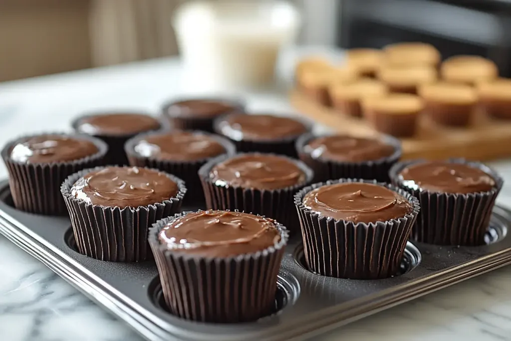 Freshly baked German chocolate cupcakes cooling in baking tray.