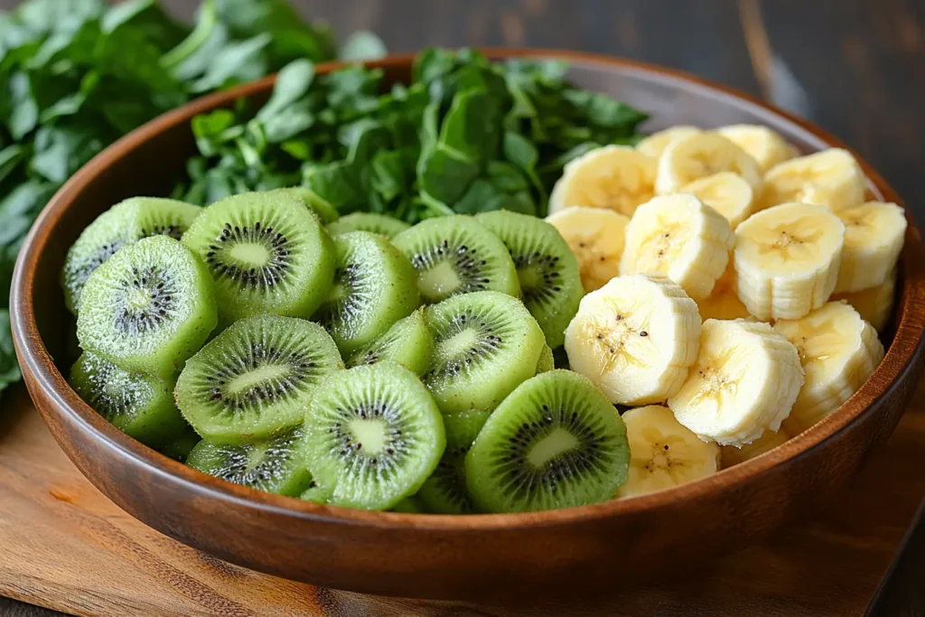  kiwi fruit and banana. If you’re adding fresh spinach, give it a good rinse to remove dirt and debris.