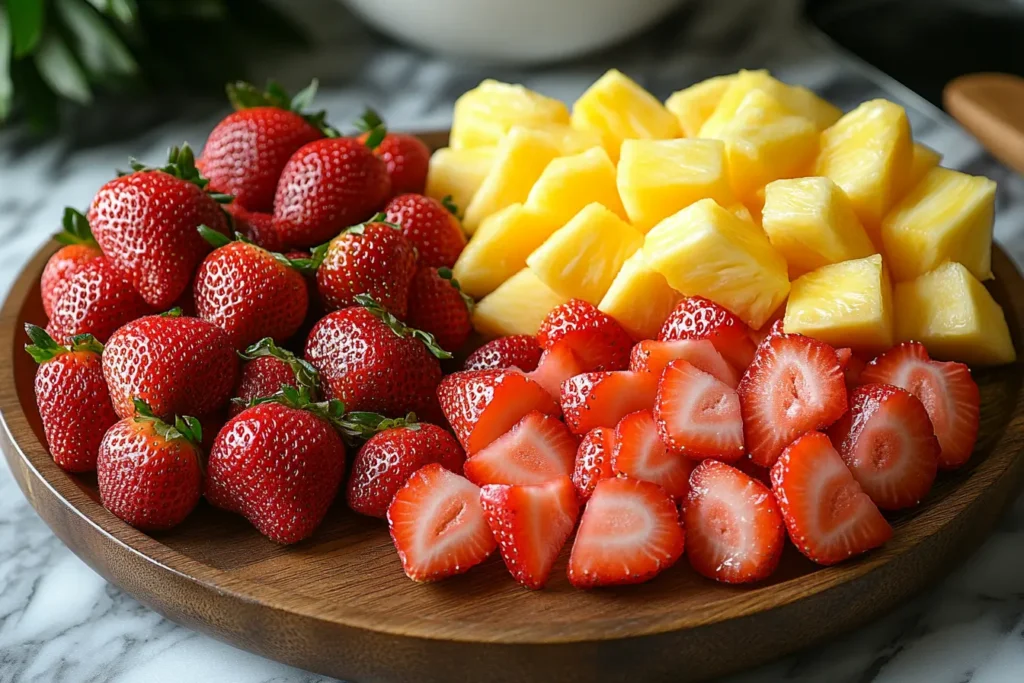 fresh strawberries and pineapple into small chunks. Save a few slices or pieces for garnishing.