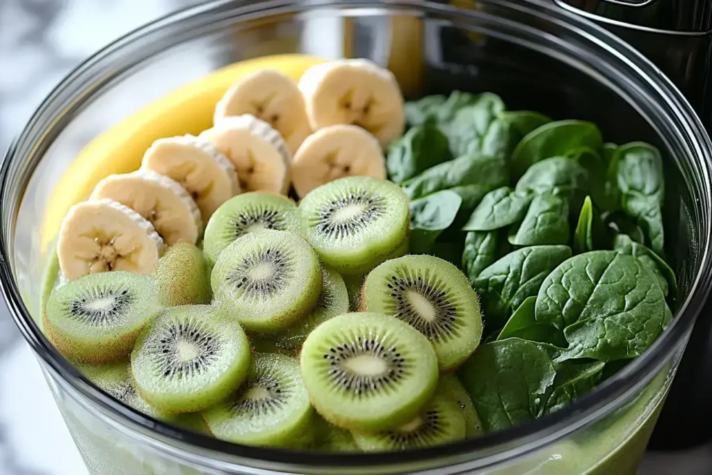  toss your chopped kiwi and banana into the blender. Add spinach (if you're using it), along with some Greek yogurt, a drizzle of honey or maple syrup for sweetness