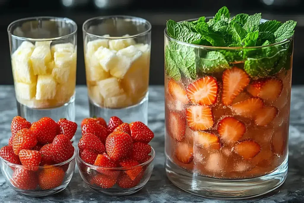 add the strawberry pieces, pineapple chunks, mint leaves, lime juice, and sugar (or simple syrup) to a sturdy tall glass or cocktail shaker.
