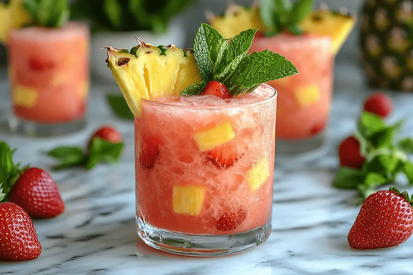 A glass of Strawberry Pineapple Mojito garnished with pineapple, strawberries, and fresh mint, with more drinks and ingredients in the background on a marble countertop.