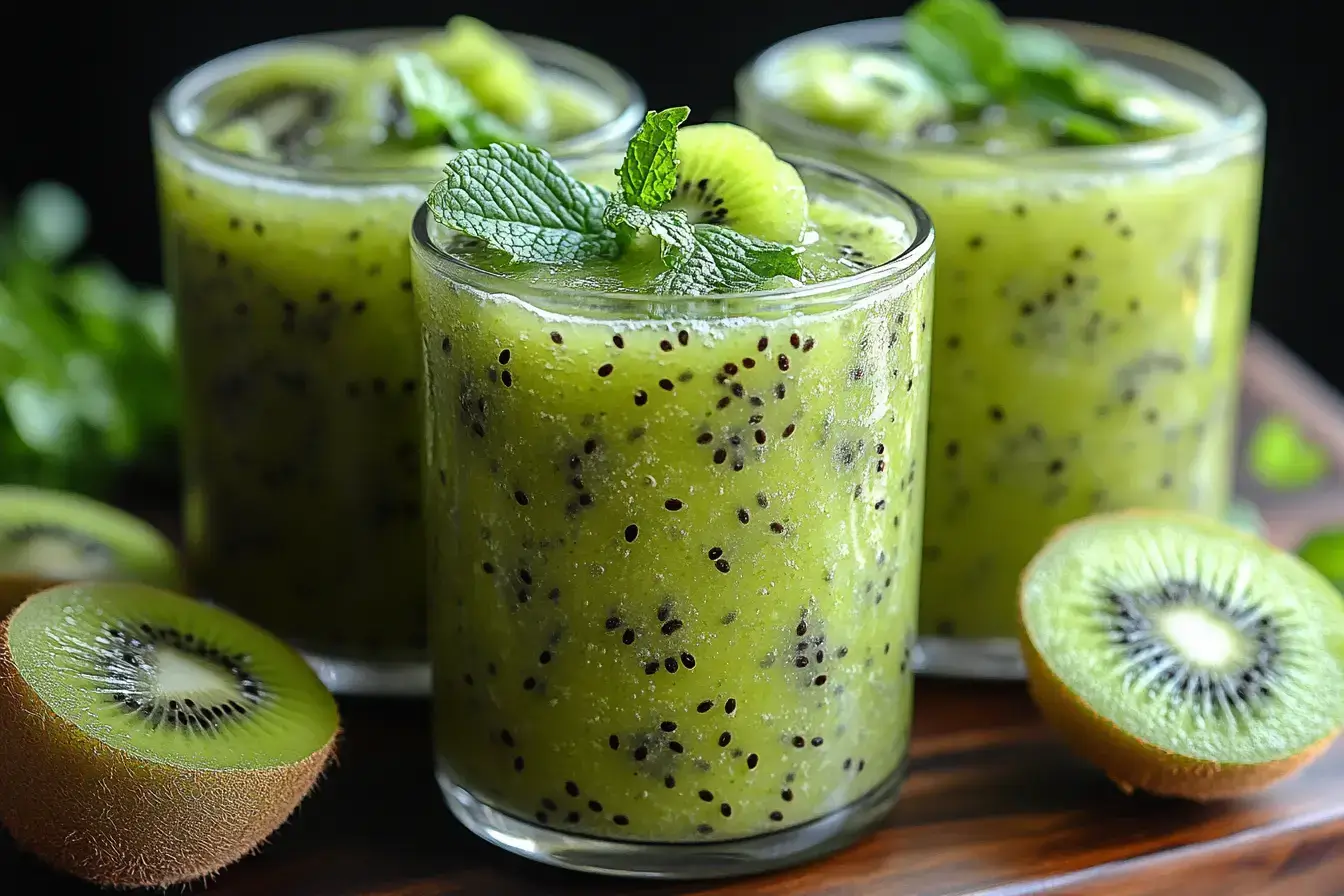 Three glasses of refreshing kiwi smoothie garnished with fresh mint leaves and kiwi slices.