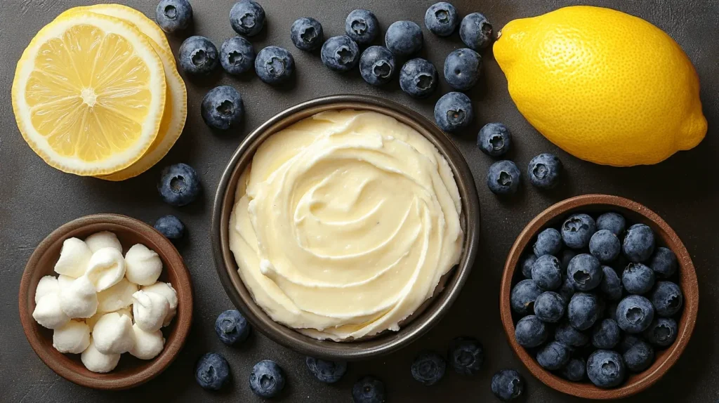 Fresh ingredients for no-bake lemon blueberry mousse cheesecake, including lemons, blueberries, cream cheese, and whipped cream.