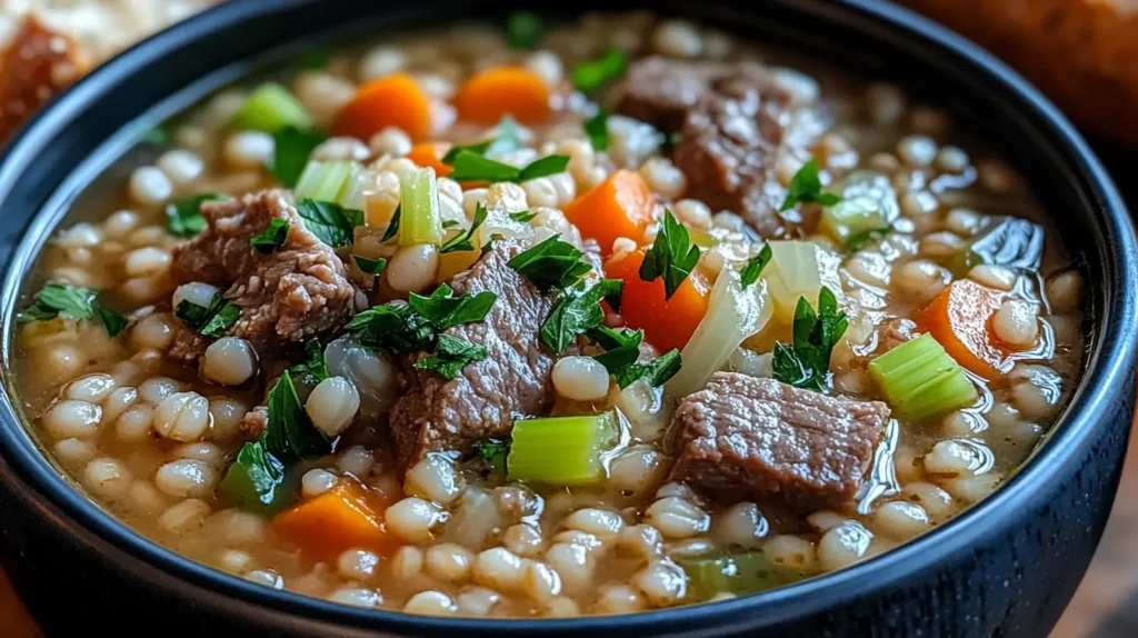 A warm and hearty bowl of Beef and Barley Soup, filled with tender beef, wholesome barley, and fresh vegetables—perfect for a comforting meal!