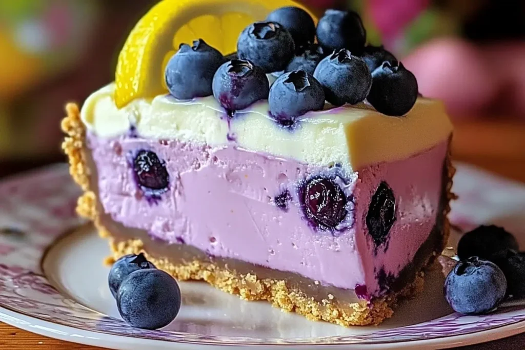 No-bake lemon blueberry mousse cheesecake with lemon slices and blueberries.