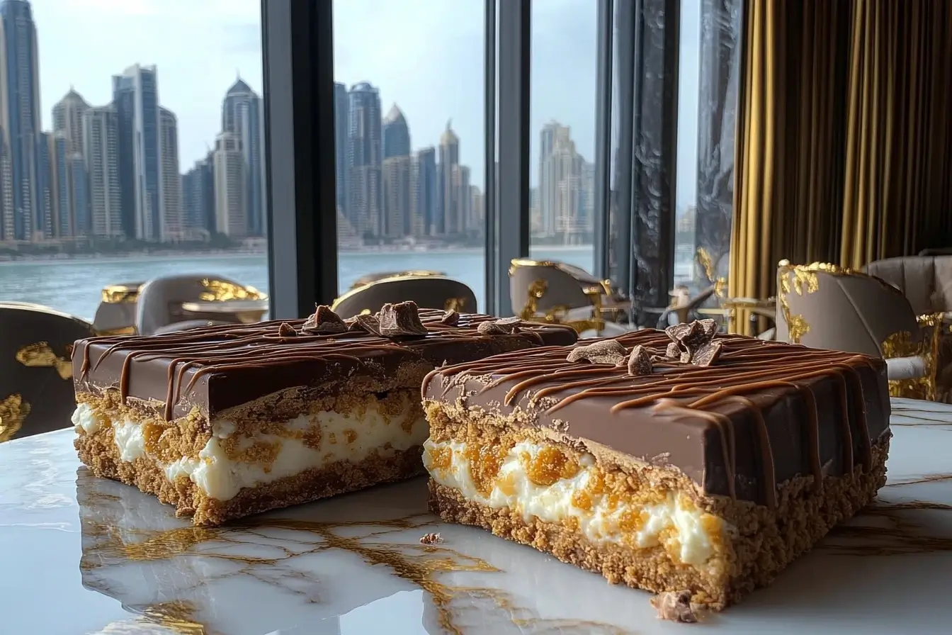 wo rich chocolate cheesecake bars with a crunchy biscuit base, creamy filling, and a glossy chocolate topping, served on a marble table with a city skyline view.