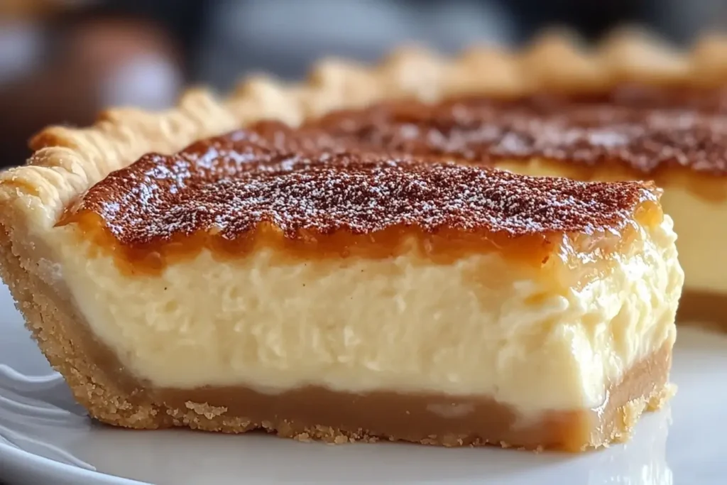 A whole Creamy Caramel Custard Pie with a rich caramelized top and flaky crust.