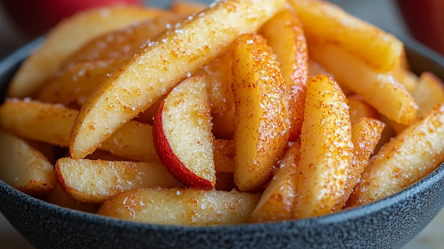 A close-up of crispy, golden-brown fried apple wedges sprinkled with cinnamon and sugar in a dark textured bowl.