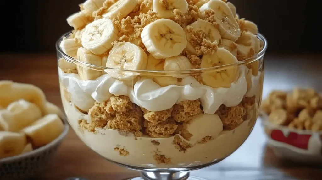 A beautifully layered creamy banana pudding trifle in a glass dish with bananas, whipped cream, and crumbled cookies.