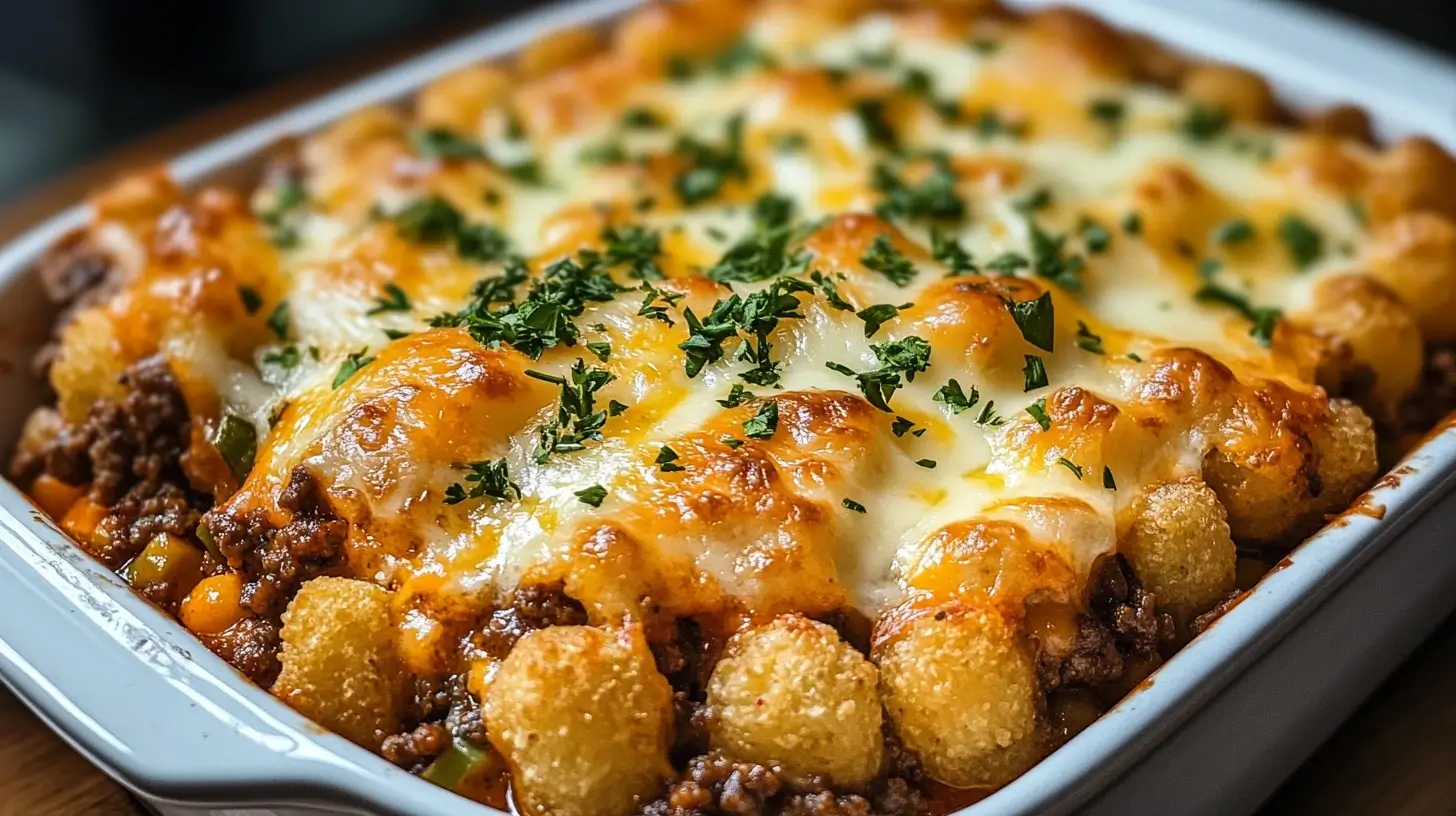 A baked cowboy casserole topped with golden tater tots, melted cheese, and fresh parsley in a white casserole dish.