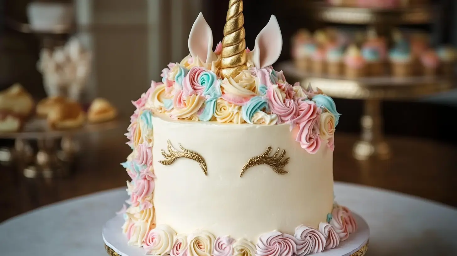 A beautifully decorated unicorn cake with a golden fondant horn, pastel buttercream swirls, and elegant gold eyelashes.