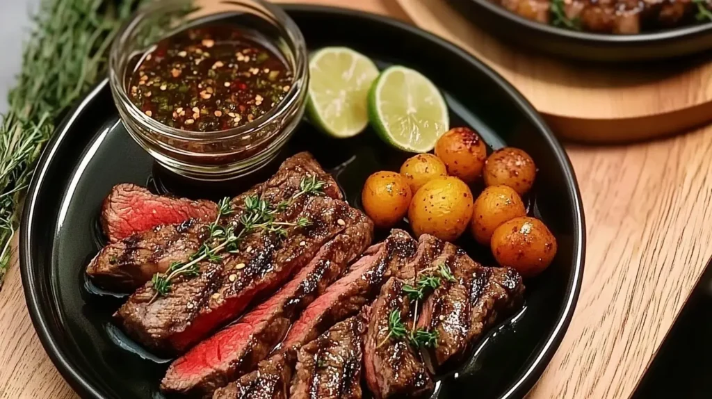 Sliced grilled steak served on a black plate with golden roasted potatoes, a bowl of marinade, lime wedges, and fresh rosemary.