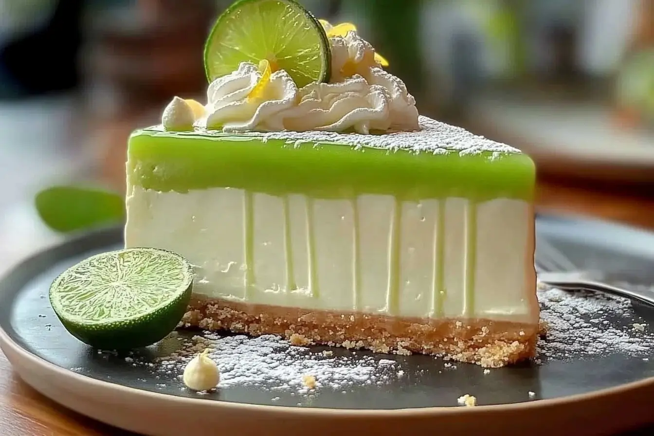 A slice of lime mousse cheesecake with a smooth creamy texture, a golden graham cracker crust, and a vibrant green lime glaze, garnished with whipped cream and a fresh lime slice.