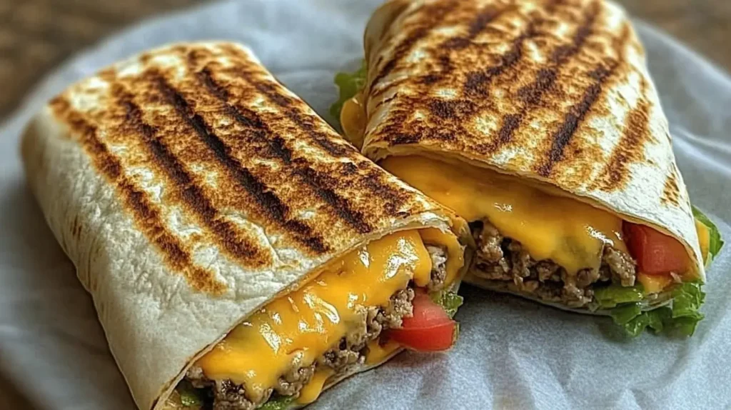 Grilled cheese burrito with melted cheese, seasoned beef, lettuce, and tomato, served on a plate with grill marks on the tortilla.