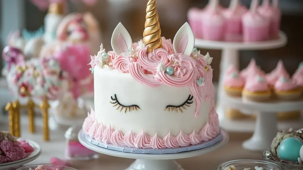 A pastel unicorn cake with a golden fondant horn, pink buttercream swirls, and gold star decorations, surrounded by matching cupcakes.