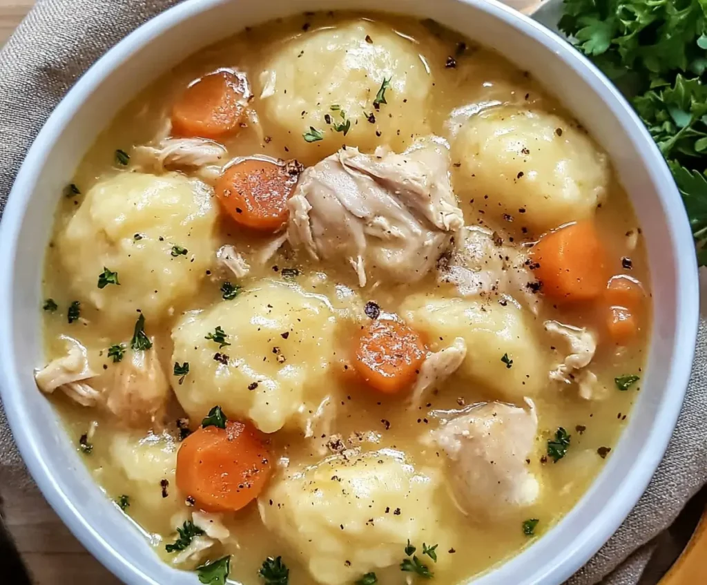 A top-down view of a bowl of CrockPot Chicken and Dumplings, featuring fluffy dumplings, shredded chicken, and sliced carrots in a creamy broth.