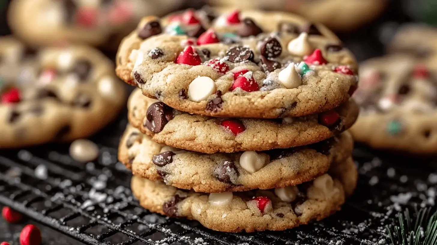 A stack of Winter Wonderland Chocolate Chip Christmas Cookies with red and green holiday sprinkles, white and dark chocolate chips, dusted with powdered sugar on a cooling rack.