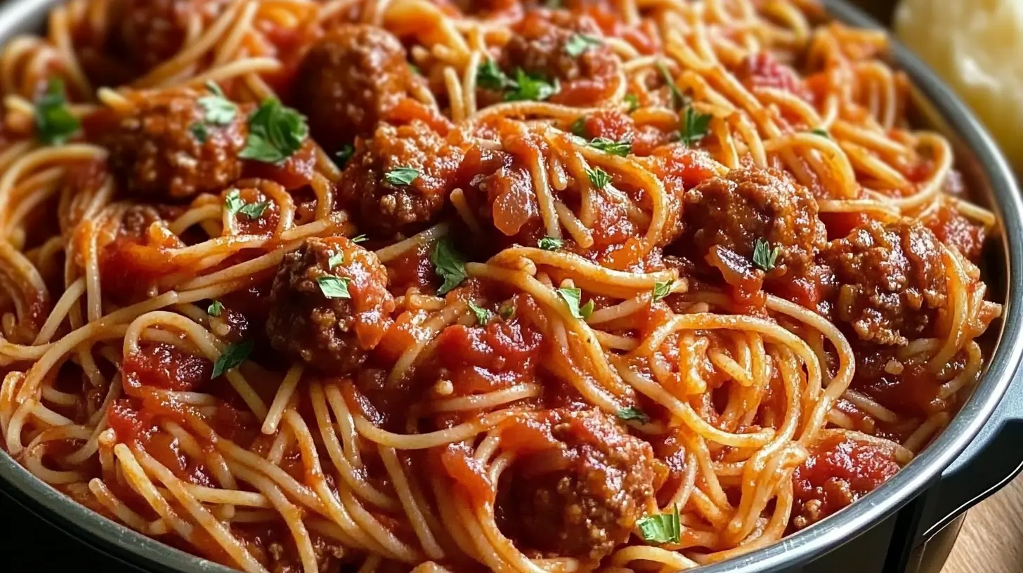 A close-up of Instant Pot Spaghetti and Meatballs topped with fresh parsley and served in a black bowl.