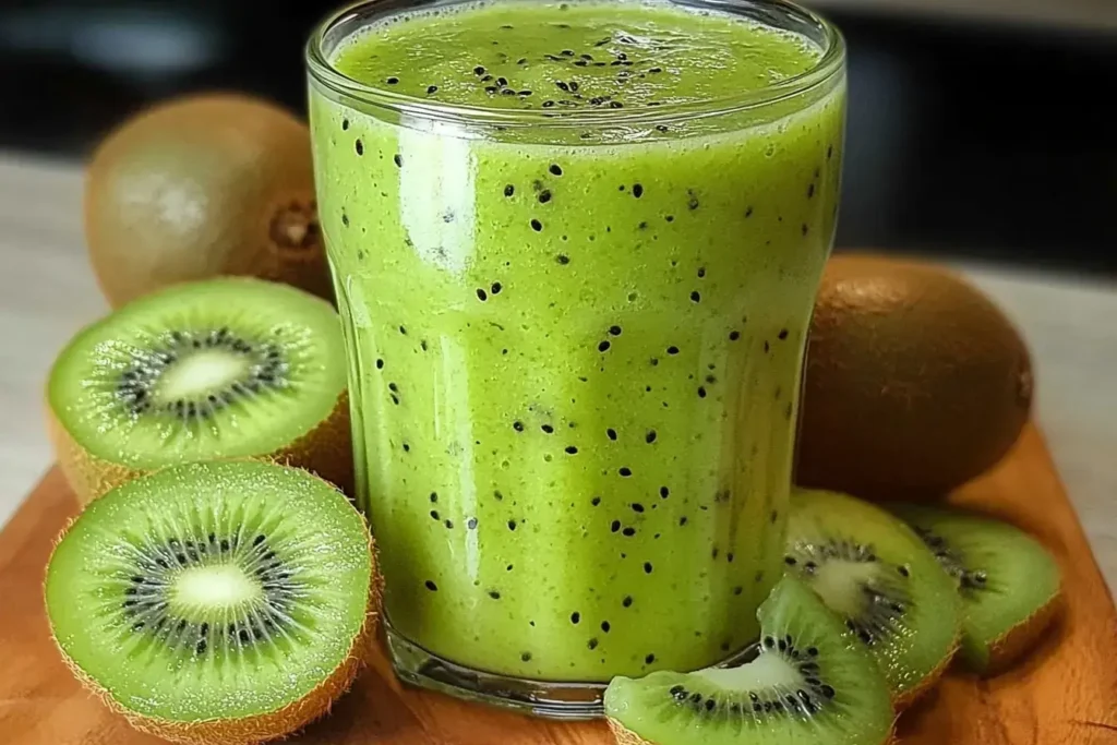 Three glasses of refreshing kiwi smoothie garnished with fresh mint leaves and kiwi slices.