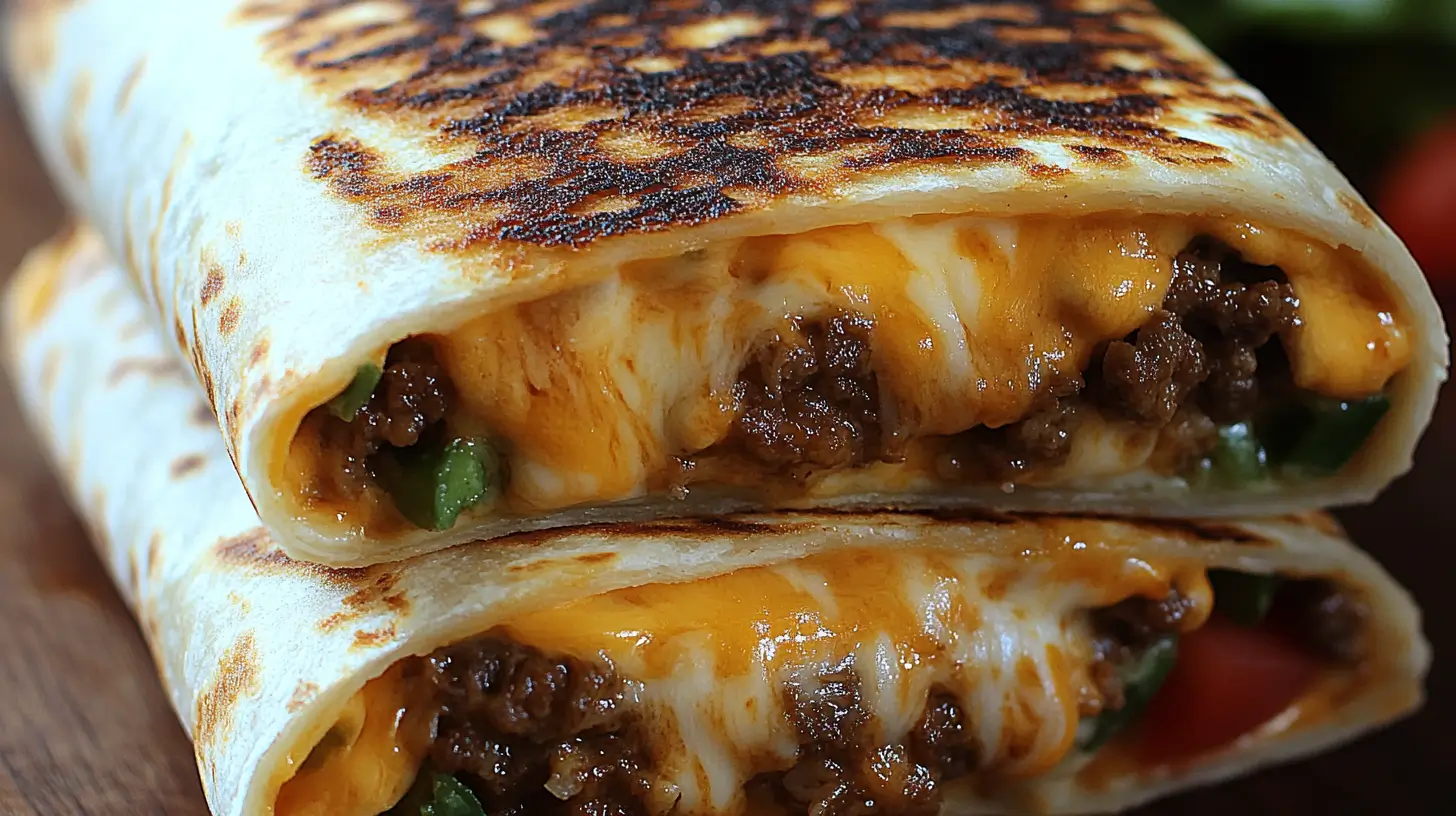 Close-up of a grilled cheese burrito with melted cheese, seasoned beef, and grilled tortilla