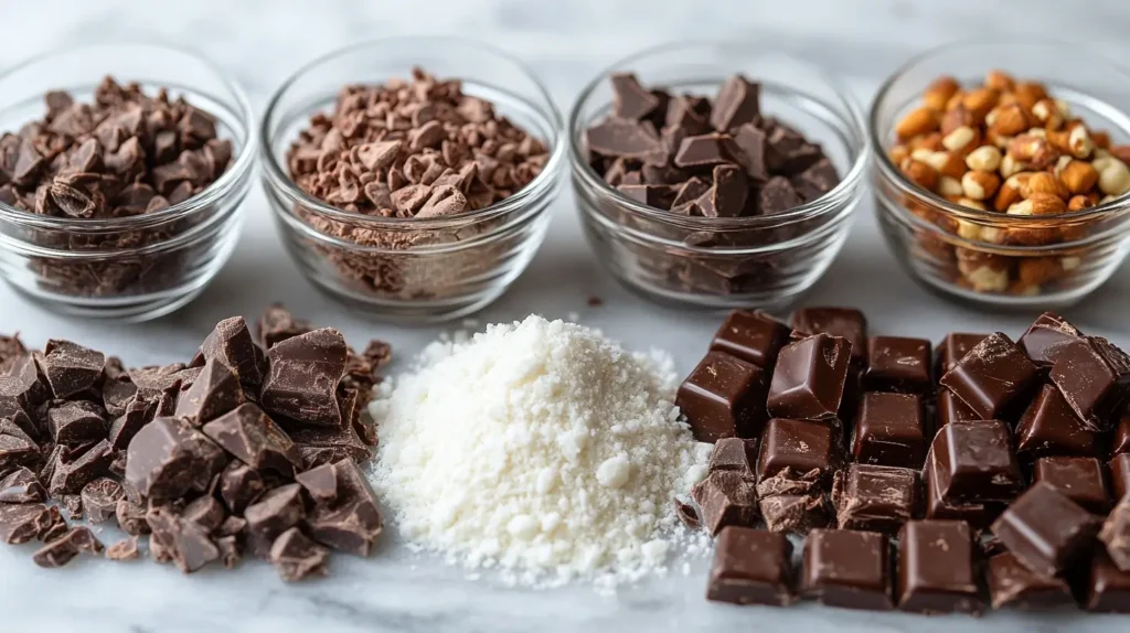 A display of various chocolate types and ingredients, including chopped chocolate, chocolate chips, cocoa powder, and nuts in glass bowls.